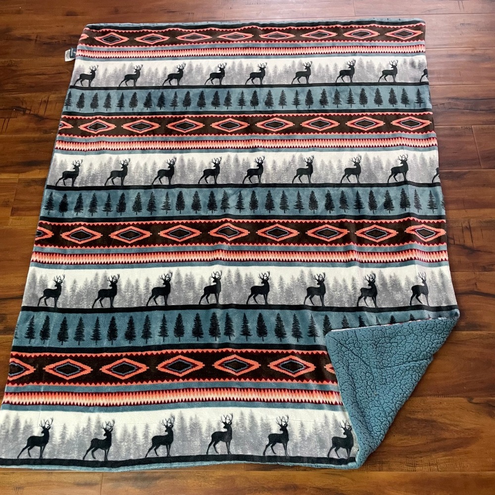 Montauk Southwestern Deer Throw Blanket Aztec Stripe Pine Tree Sherpa Fleece